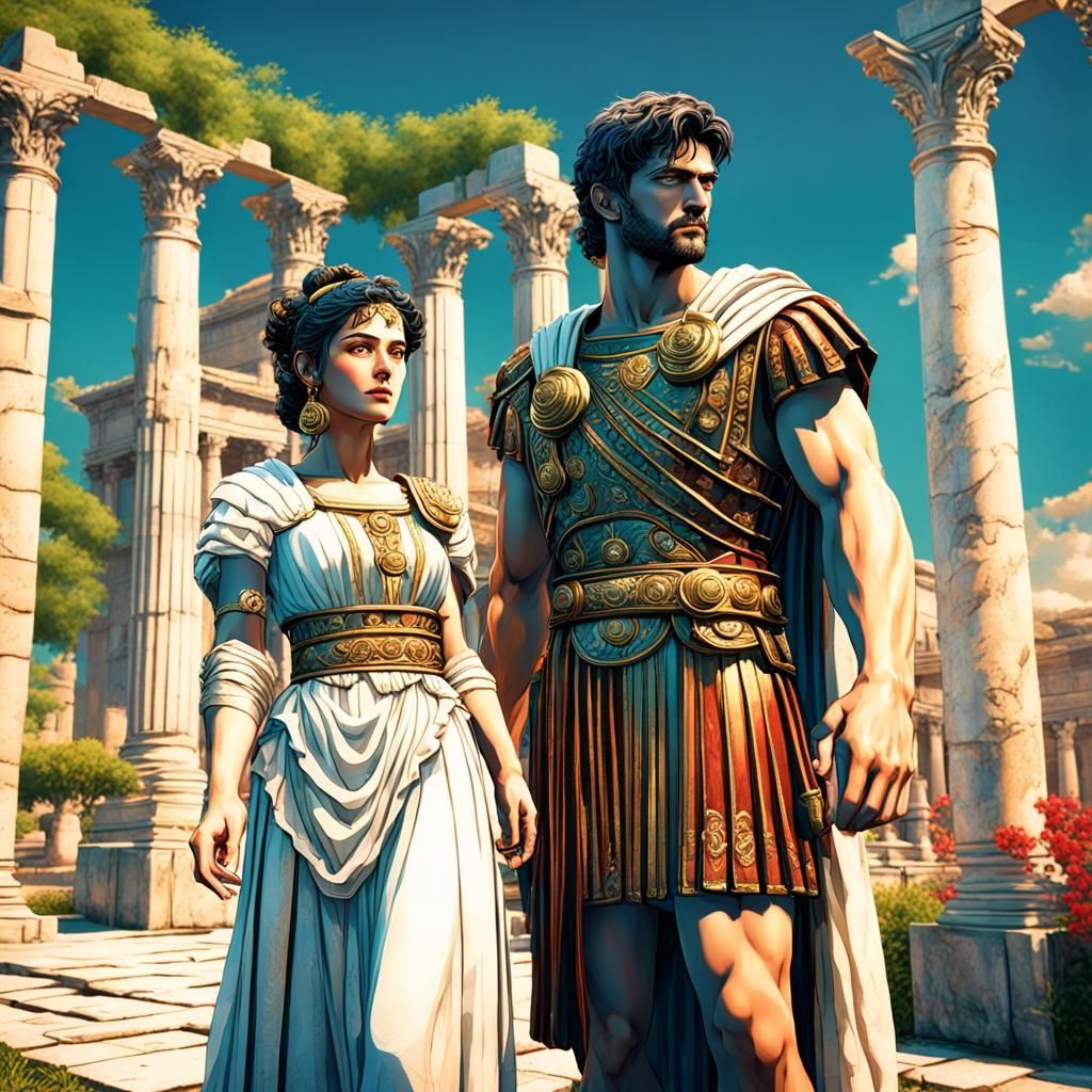 Anime Roman Couple in Classical Vaporwave Garden