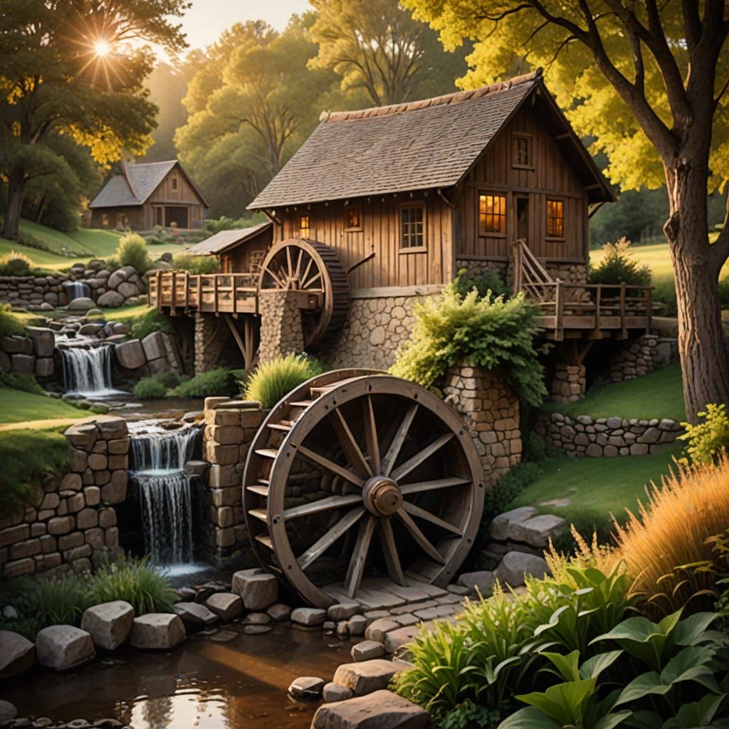 Traditional Waterwheel in a 19th Century Lumberyard Landscap...