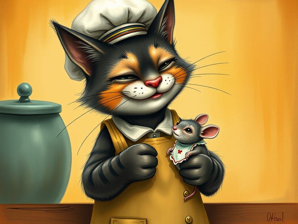 Whimsical Cat Prepares to Dine on Delightfully Unfazed Mouse