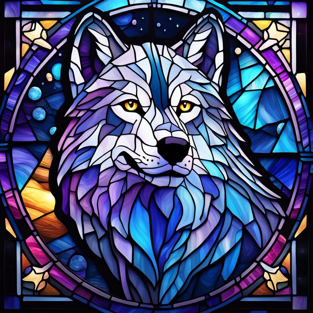 Glowing Stained Glass Wolf Among Stars