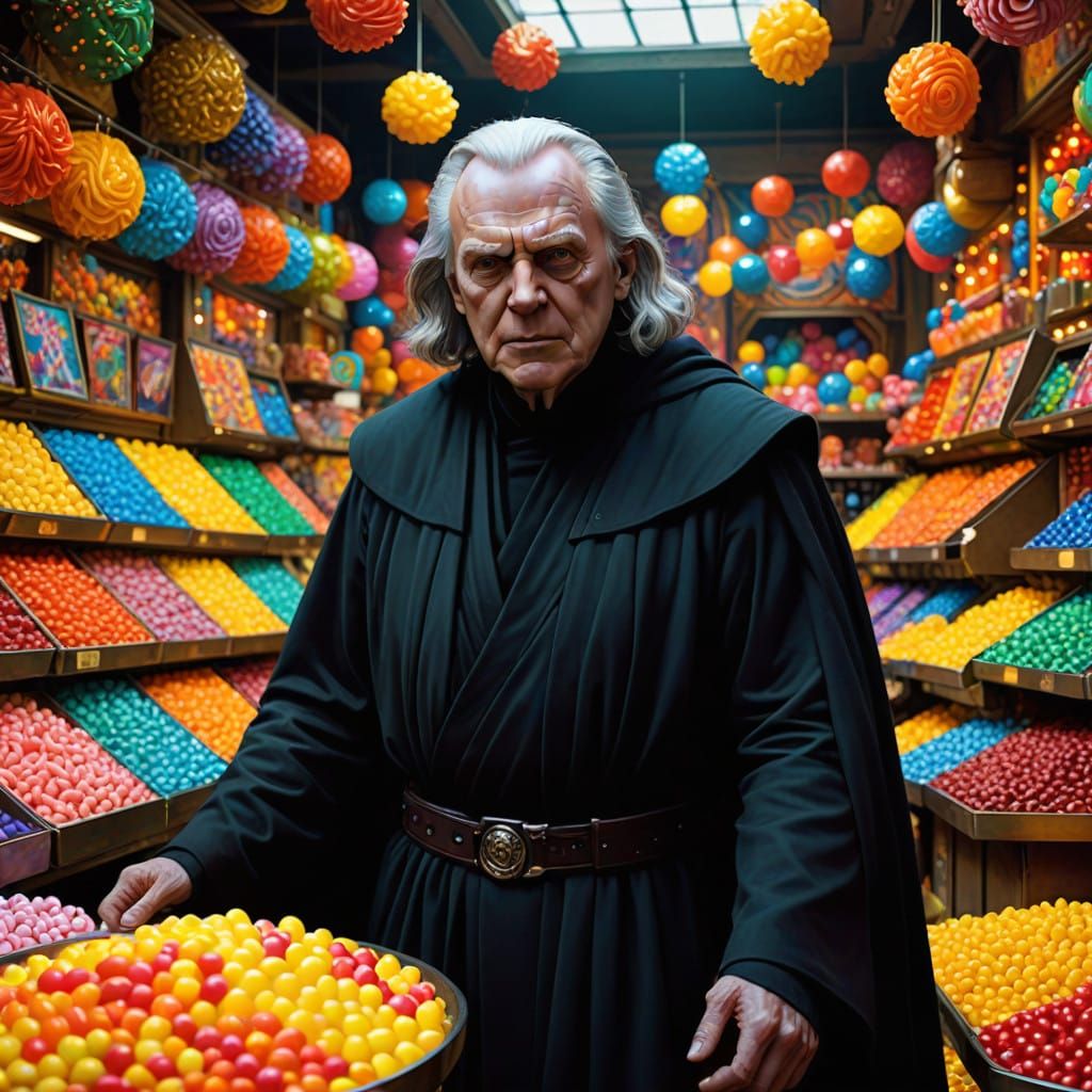Emperor Palpatine Enjoys Vibrant Candy Stall in Dark, Cyberp...