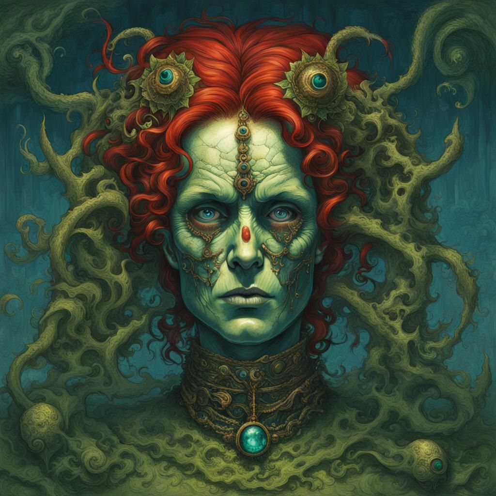 Red-Haired Woman in Latex Suit, Horror Art