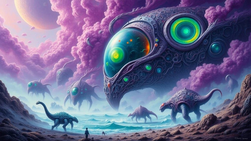 Futuristic Alien Dinos Roam Iridescent Planets in Vibrant El...