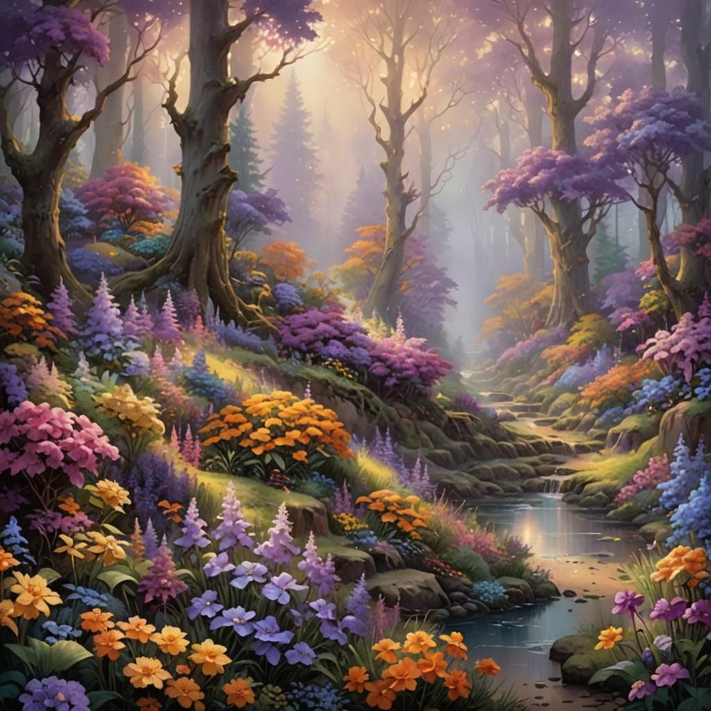 Ethereal Forest of Giant Flowers in Amber and Violet