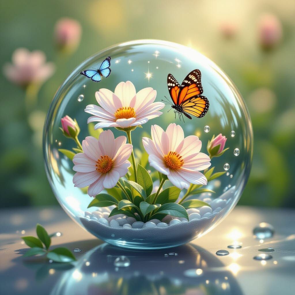 Glass Orb Containing Flowers and Butterflies