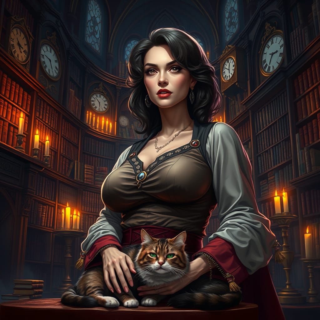 Powerful Librarian and Cat in Grand Library