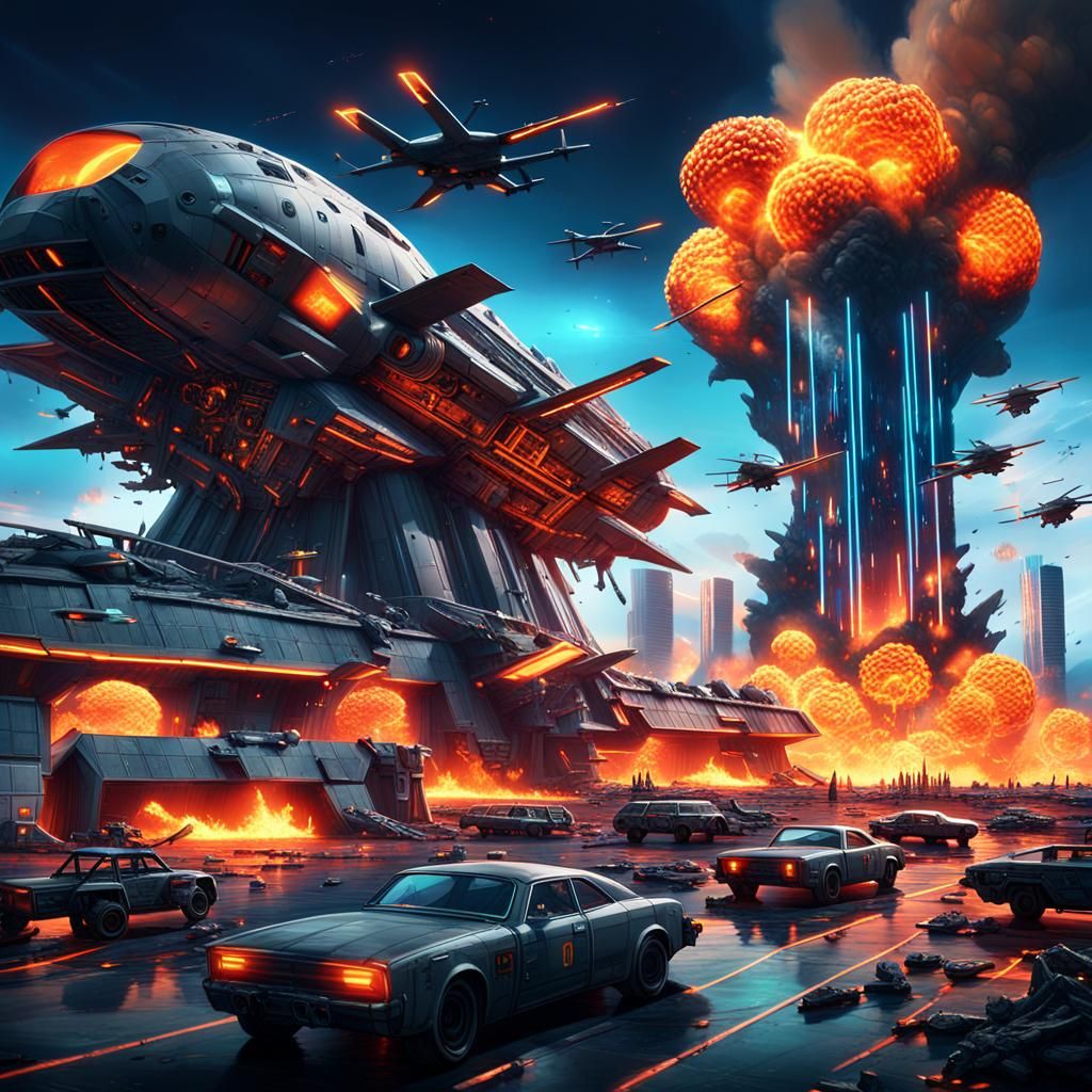 Futuristic Military Base Explosion in Neon Sci-Fi Style