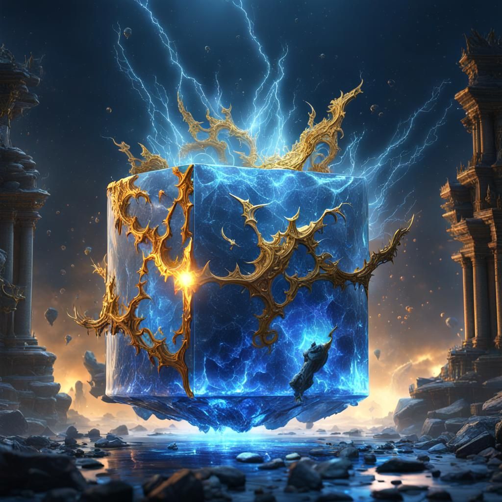 Blue Lightning in Crystal Cube: Digital Rendering
