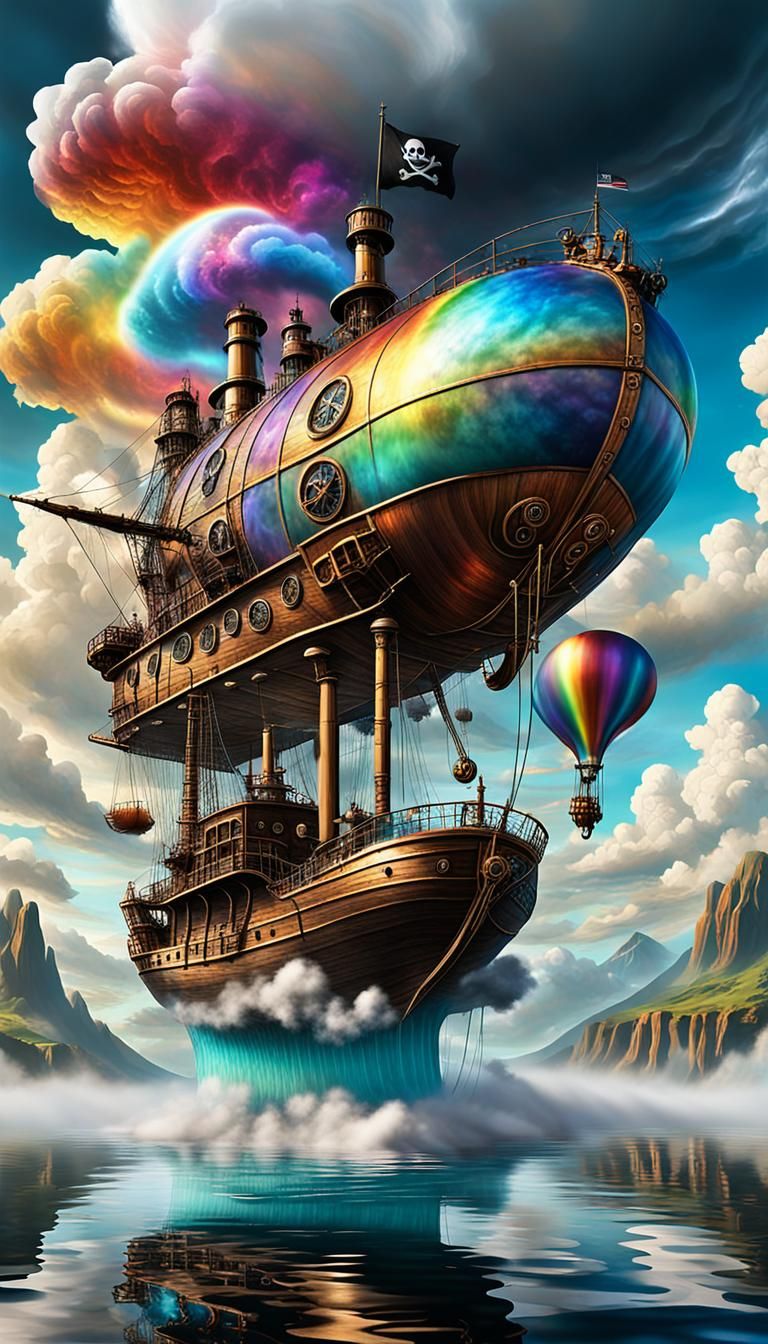 Steampunk Pirate Ship Emerges from Colorful Lake