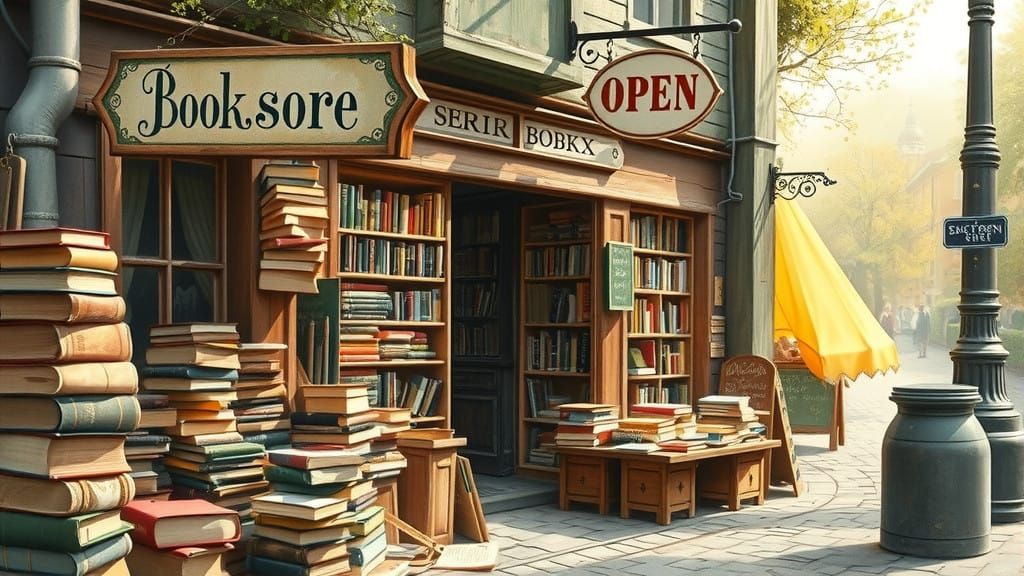 Charming Old-World Bookstore Scene with Leather-Bound Tomes...