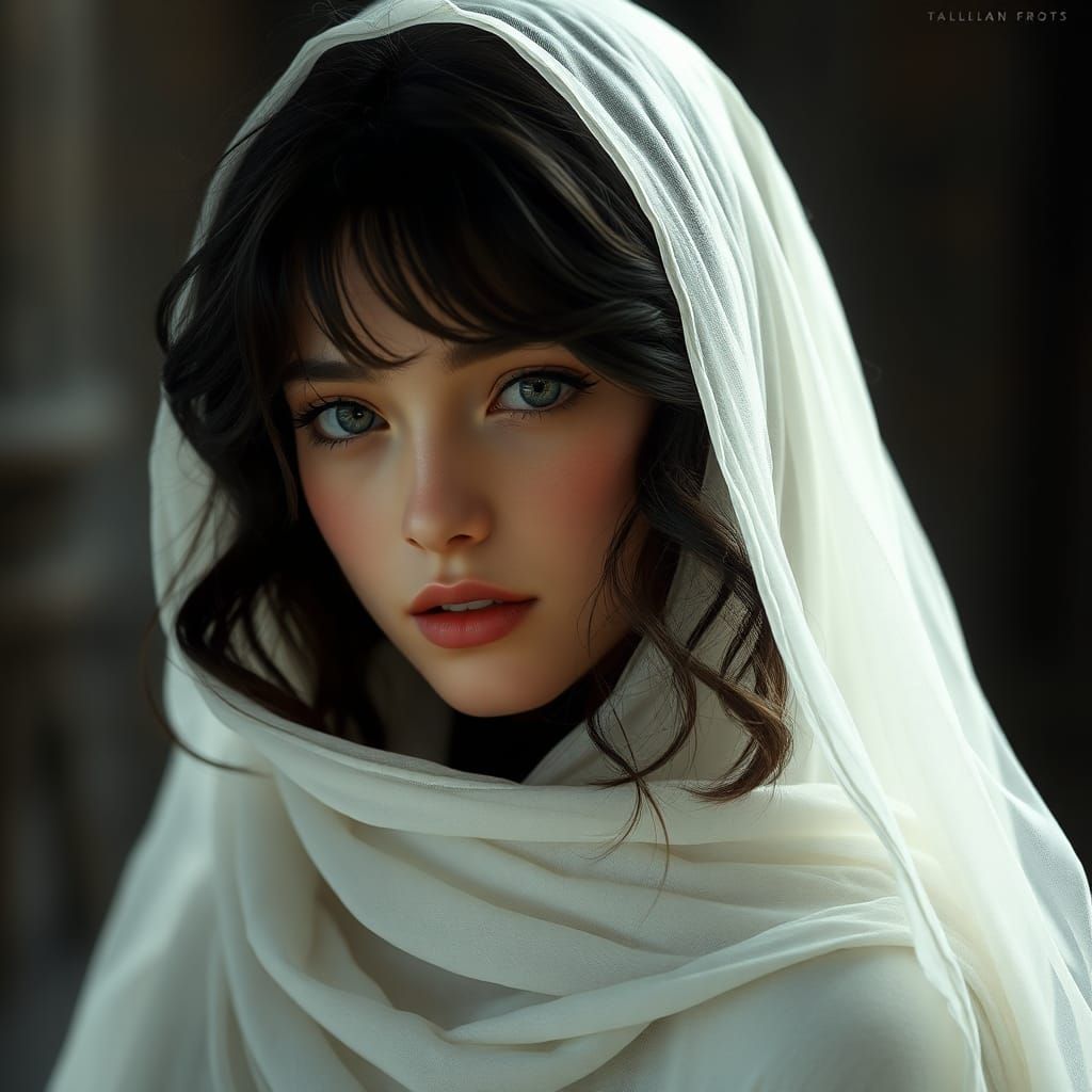 Ethereal Portrait: Woman with Porcelain Skin, Matte Painting