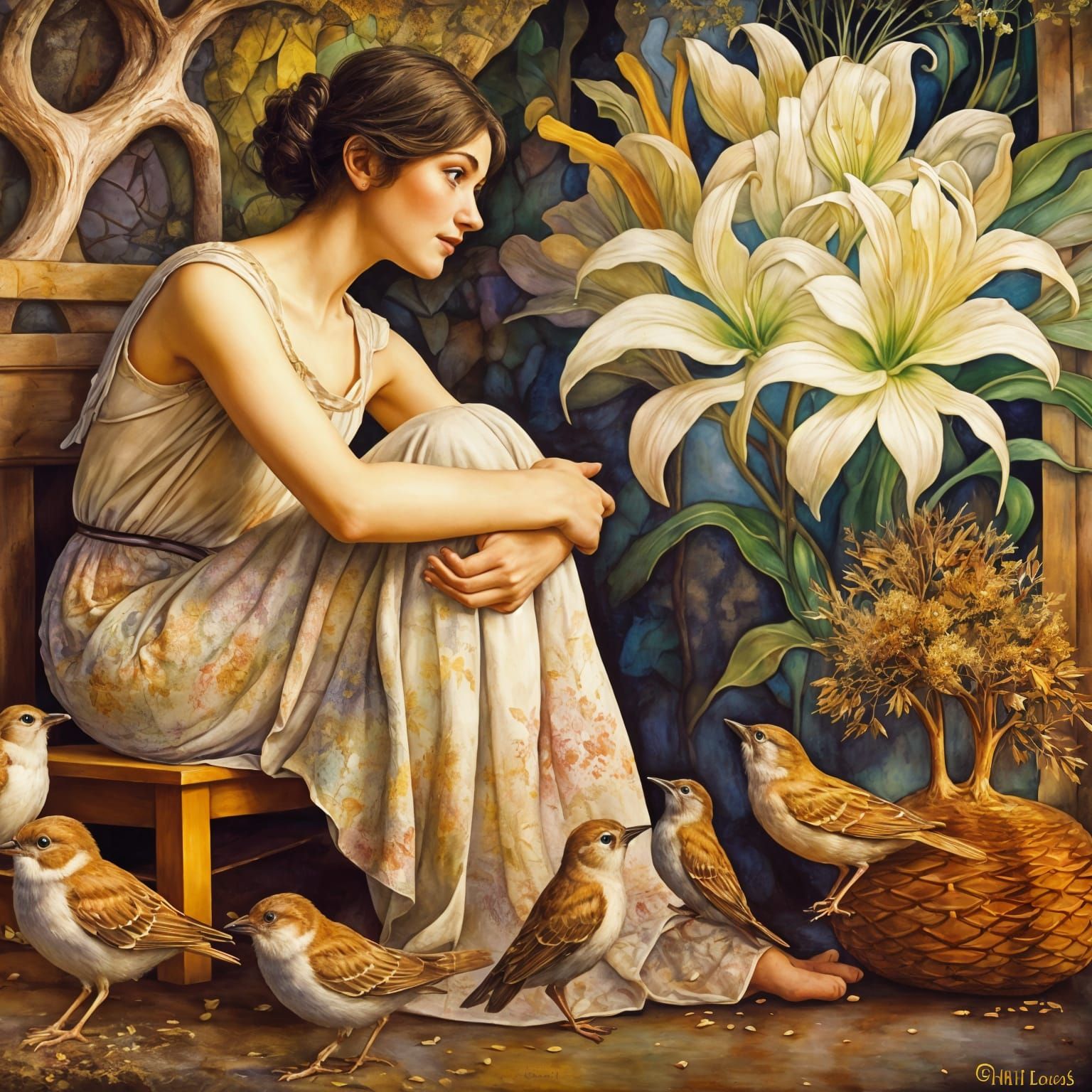 A Young Girl Surrounded by Sparrows in a Sun-Drenched Summer...