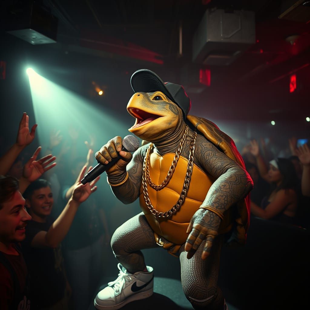 Rapping Turtle in Underground Club, Detailed Digital Art
