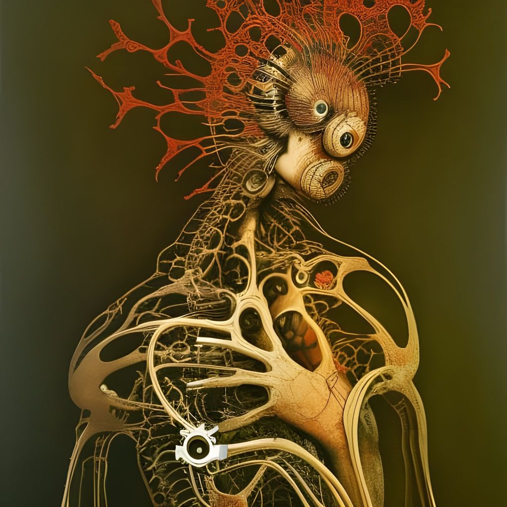 Surreal Woman with Mechanical Organs in Mixed Media