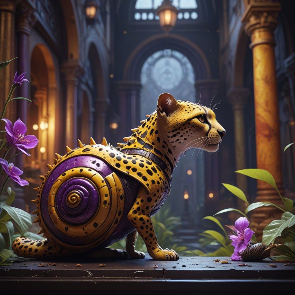 Cheetah-Snail Hybrid in Dark Fantasy Landscape