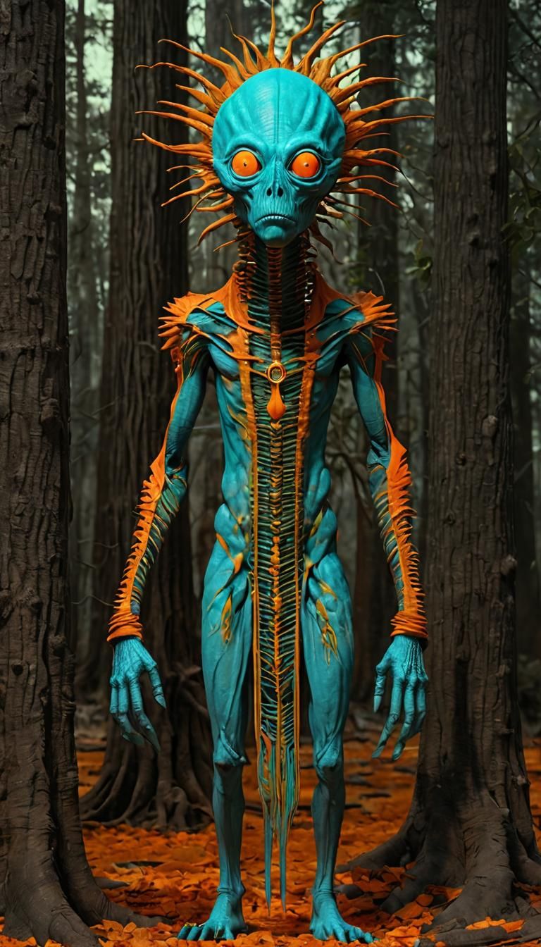 Glowing Alien Monster in Turquoise and Orange Amidst Eucalyp...