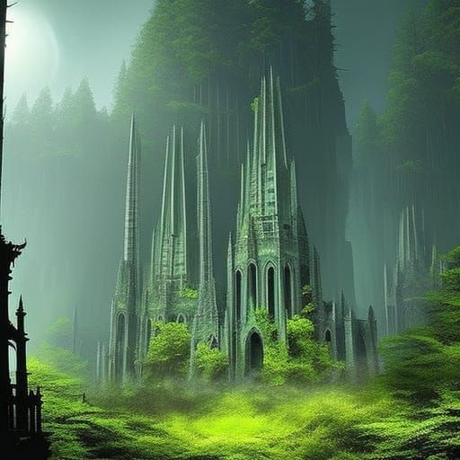 Ancient Gothic City in Dark Fantasy Forest