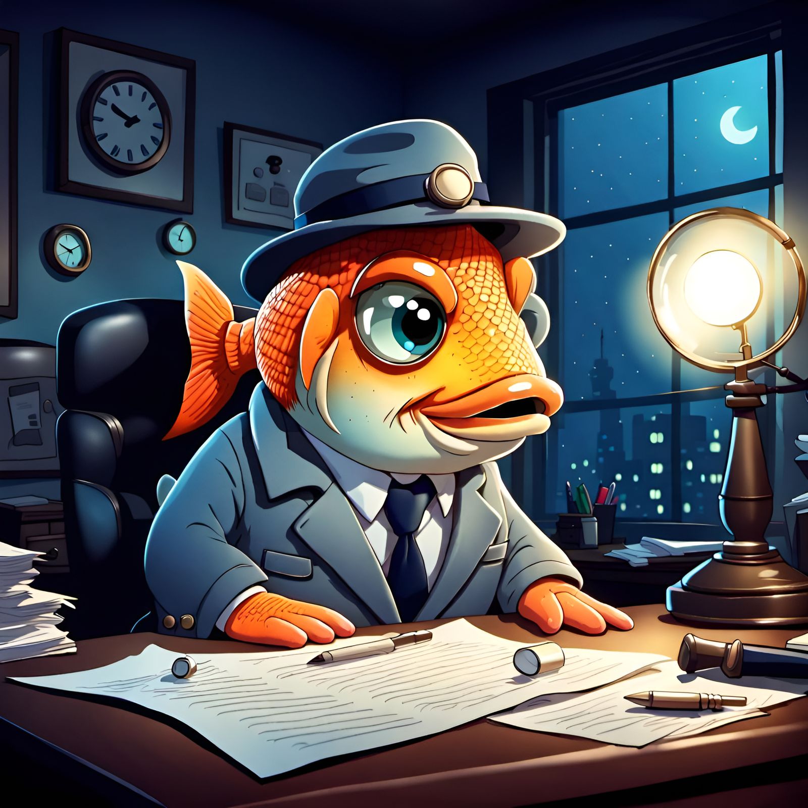 Cartoon Fish Detective in Cozy Office at Night