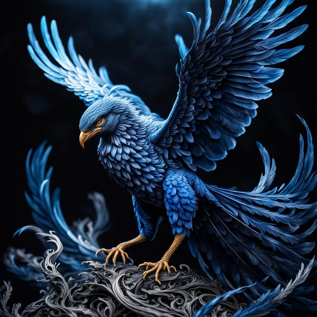 Rebirth of a Blue Phoenix: Hyperrealistic Image