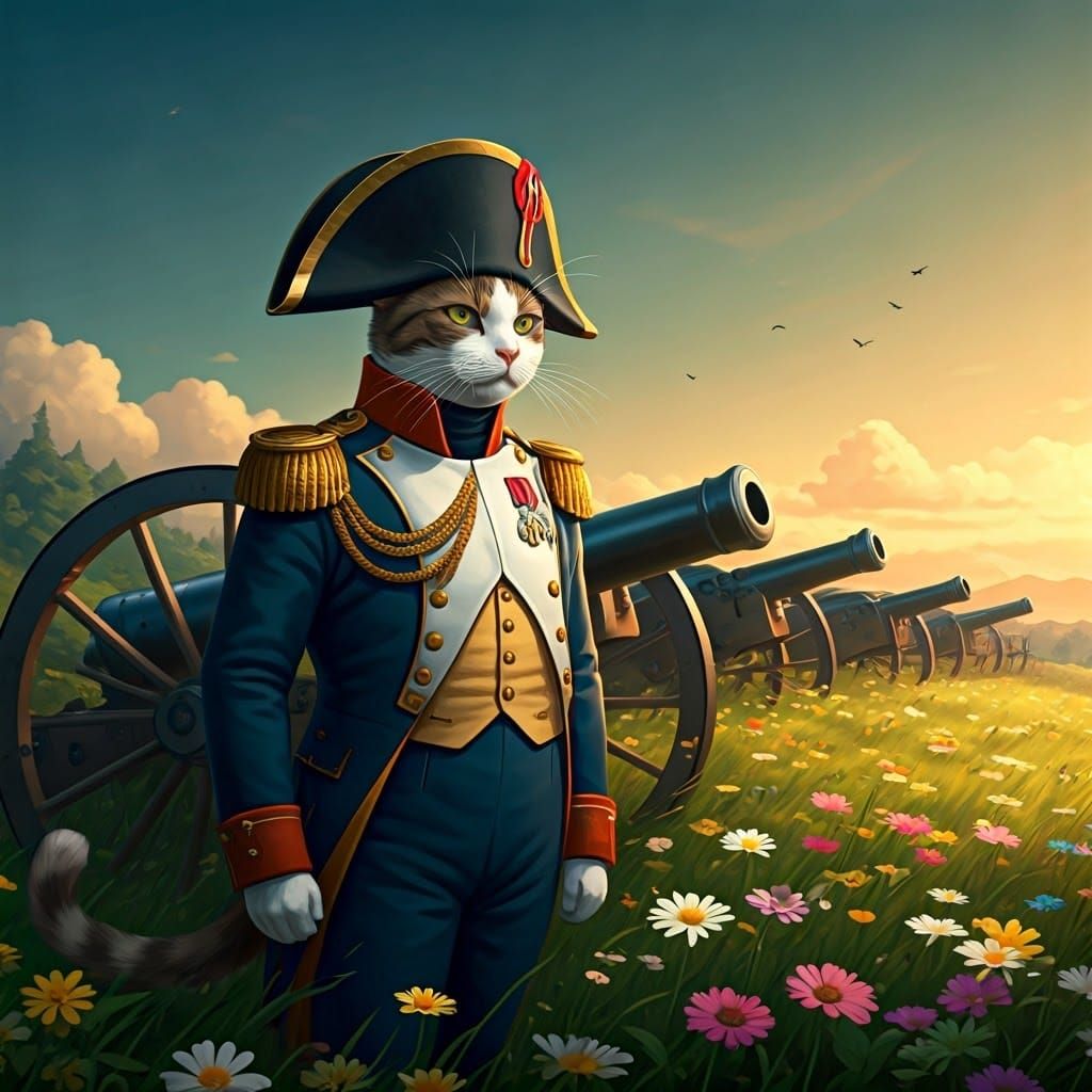 Cat General Inspects Cannons in Anime Style