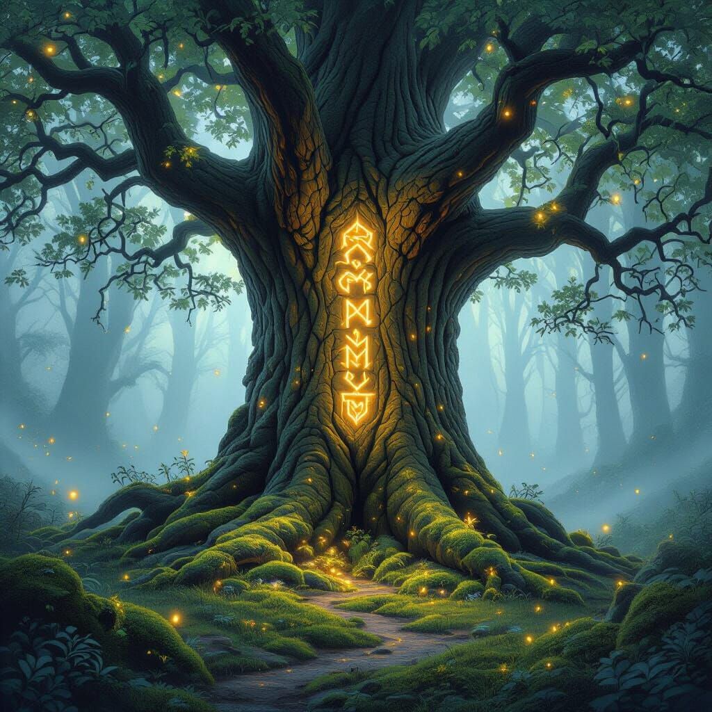 Majestic Ancient Tree with Glowing Runes in Ethereal Forest