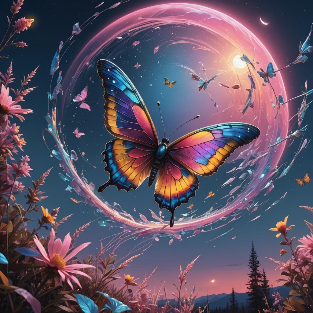 Rainbow Crystal Butterfly with Moon, Digital Art