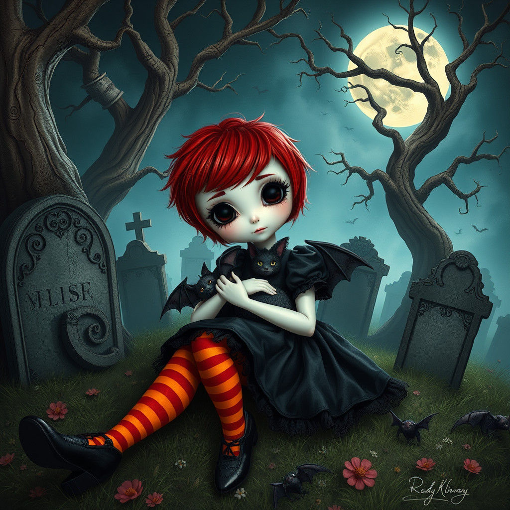 Ruby Gloom in Graveyard, Hyperdetailed Digital Art