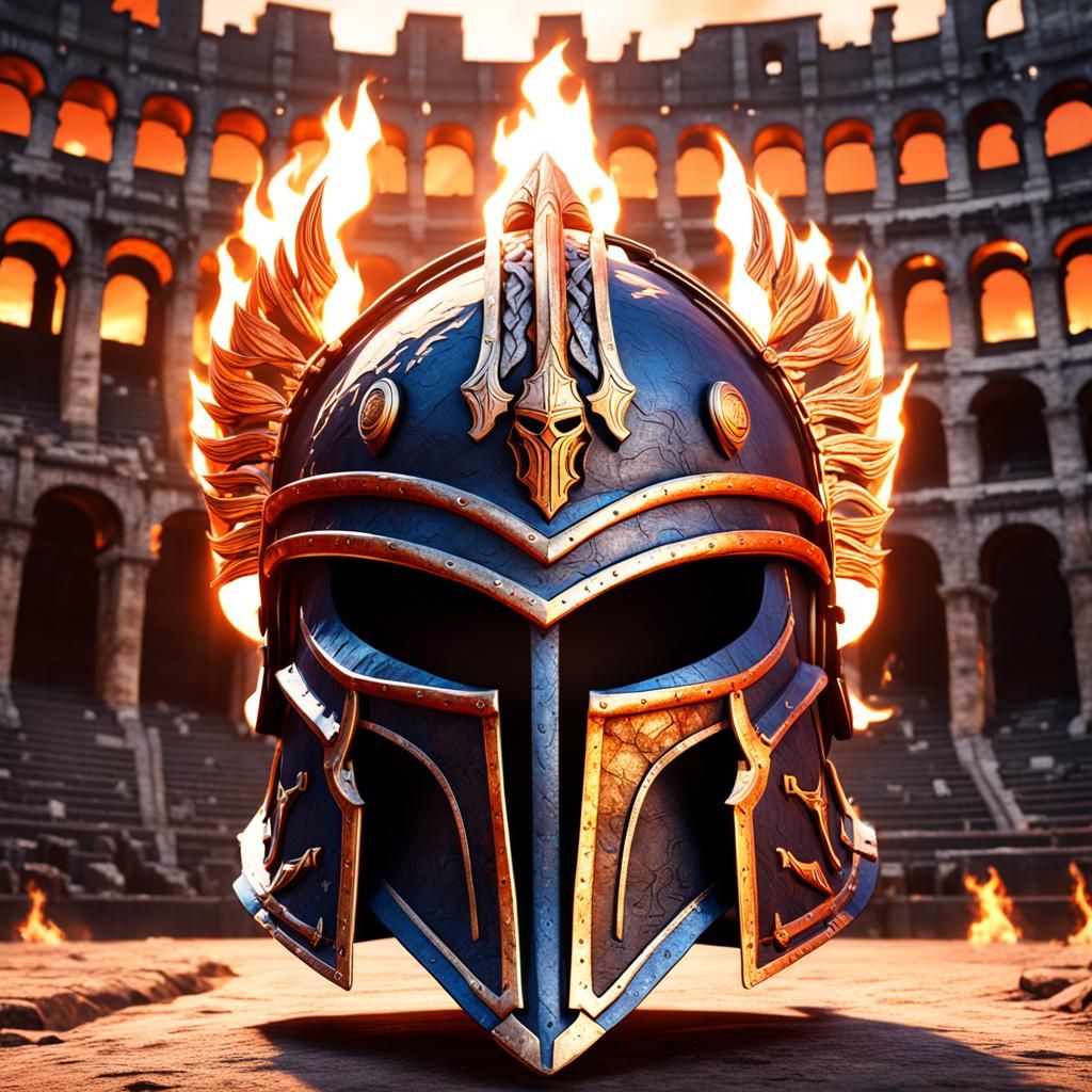 Flaming Battle Helmet in Colosseum: Fantasy Concept Art