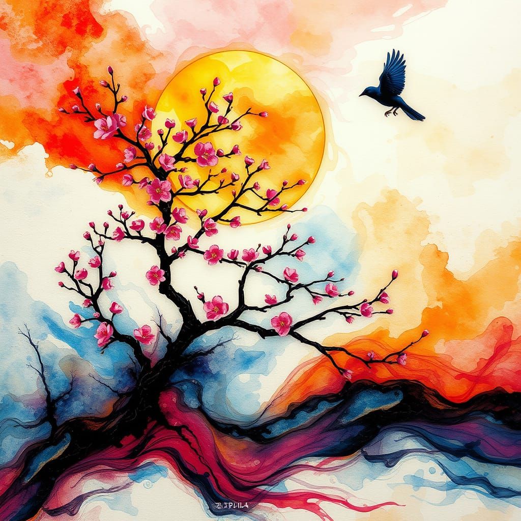 Abstract Sunset Bloom with Swirling Alcohol Ink and Watercol...