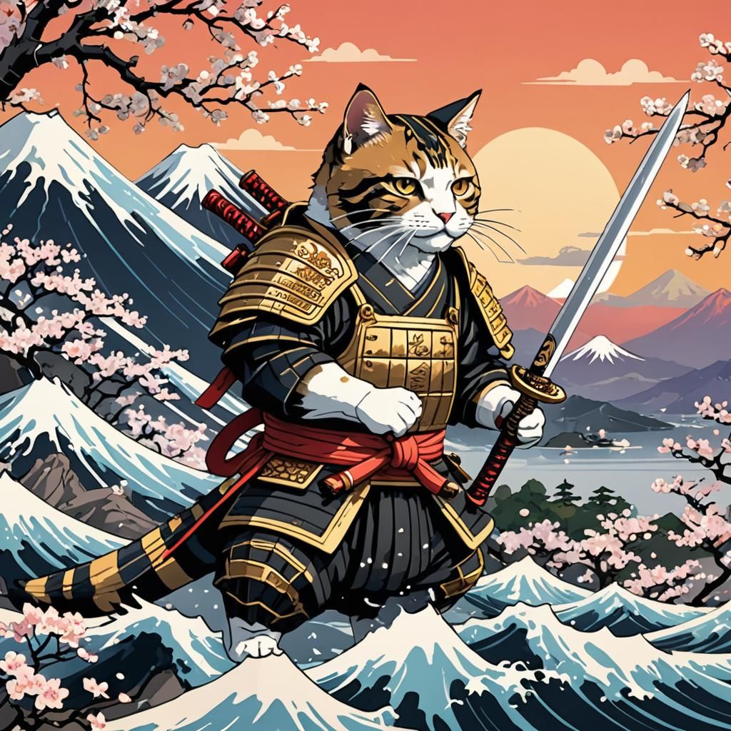 Traditional Japanese woodblock prints. Close-up. Cat-zilla s...