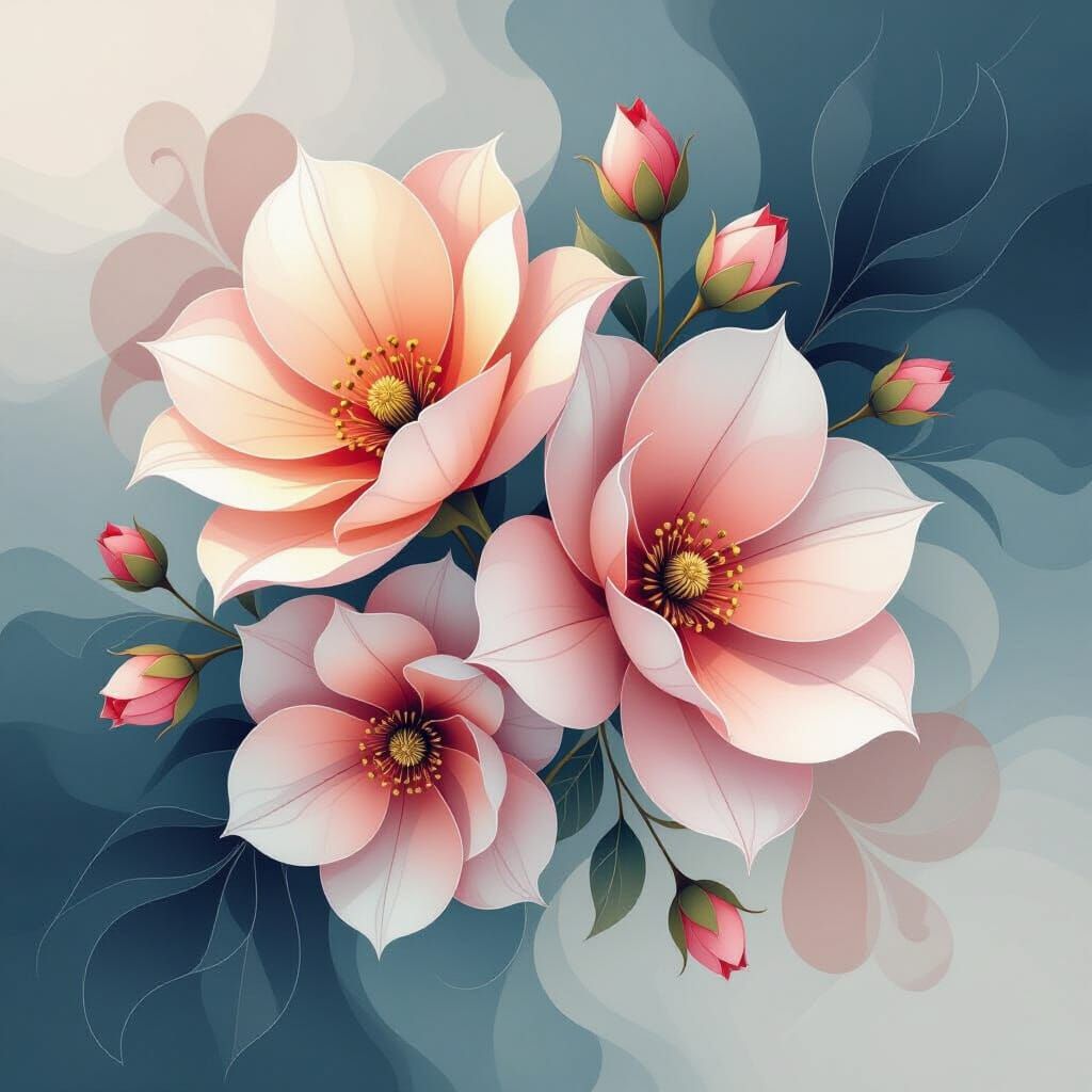 Watercolor Ink Flowers with Abstract Fractals in Zentangle S...