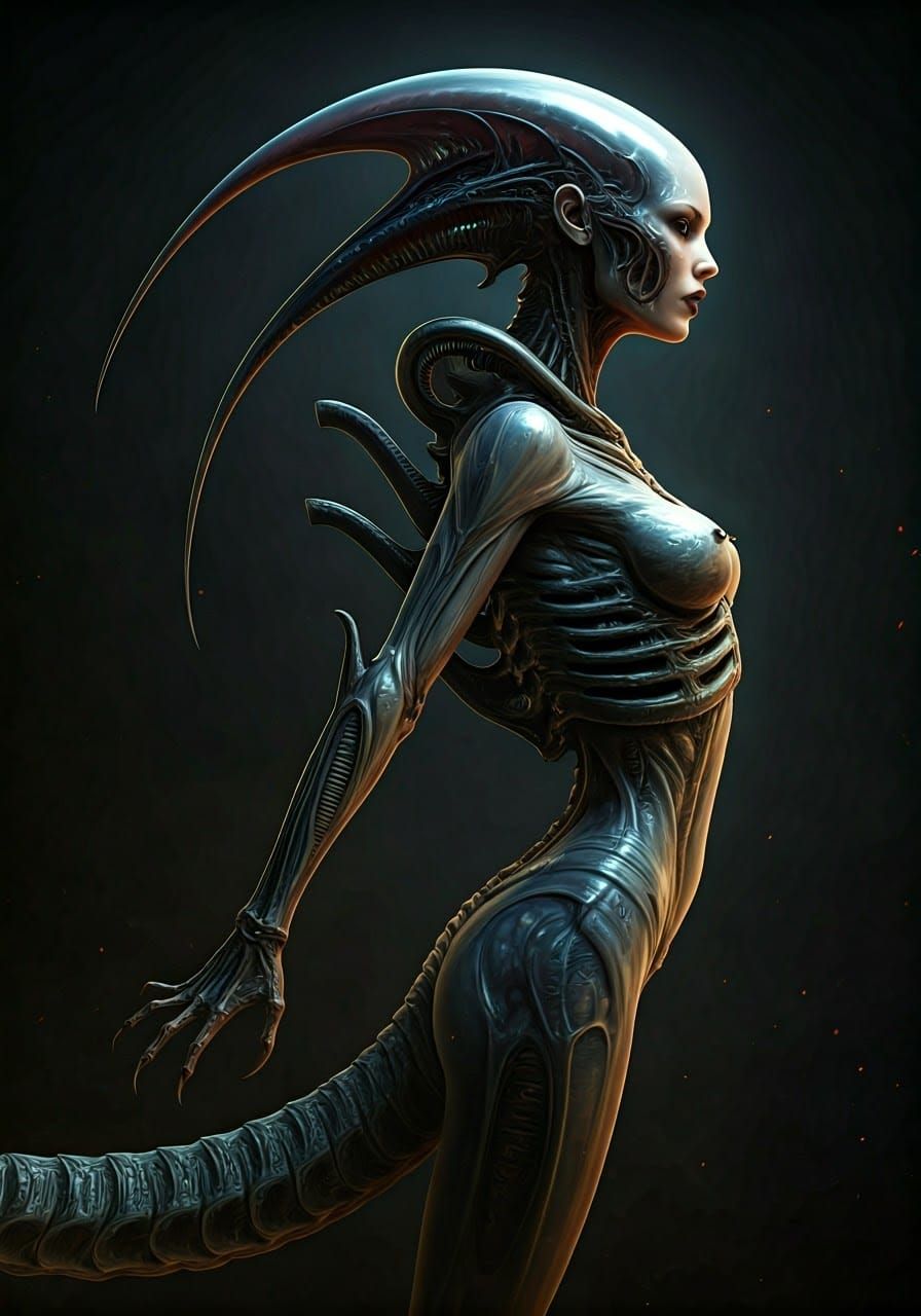 Ethereal Xenomorph Hybrid in Art Nouveau-Inspired Compositio...