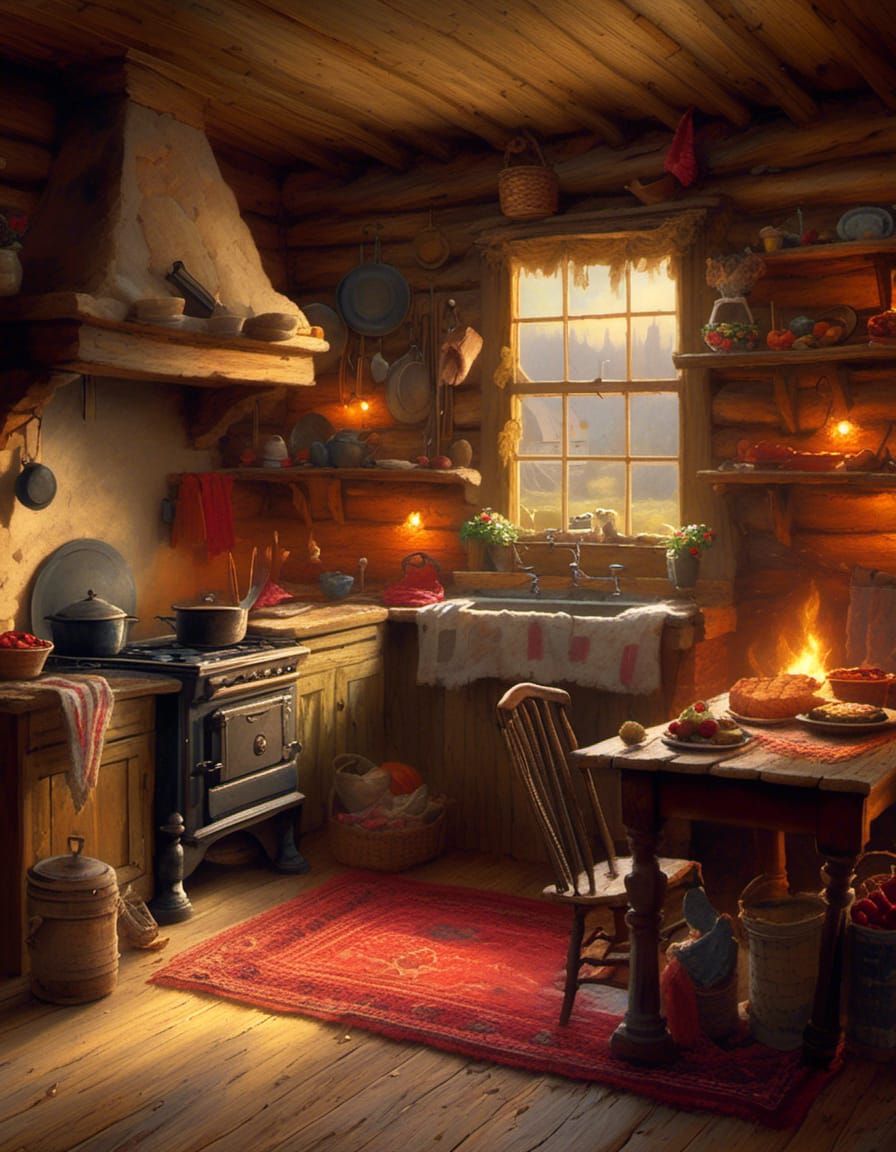 Rustic American Pioneer Kitchen in Oil Painting Style