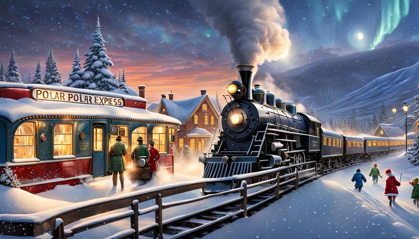 The Polar Express Steaming Through a Snowy Town