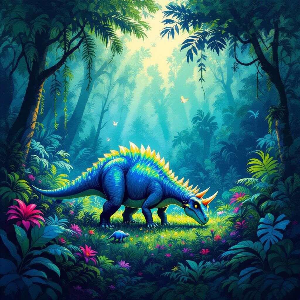 Bioluminescent Dinosaur Grazing in Surreal Jungle