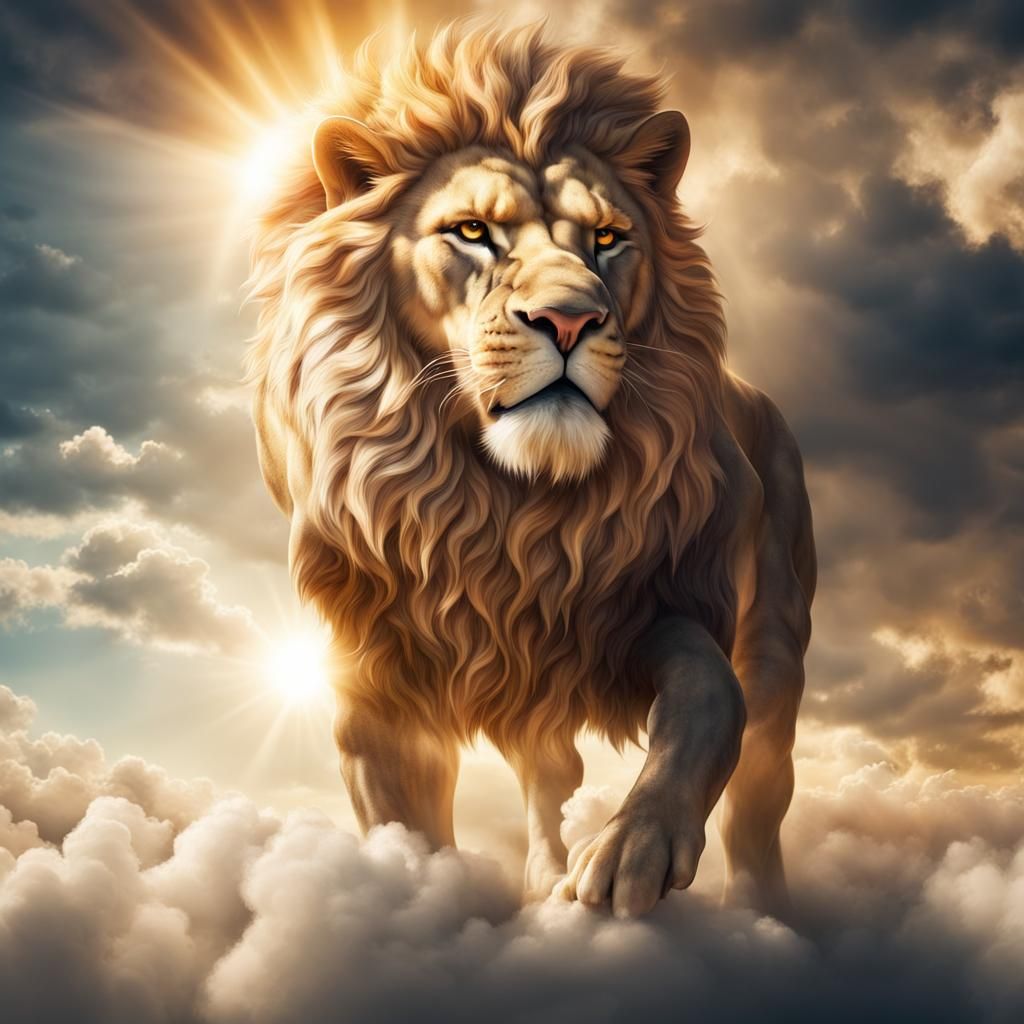 Lion Head Facing Dragon in Divine Light