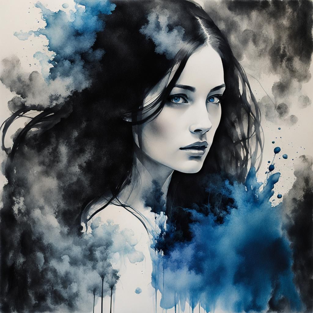 Smoky Portrait of Woman in Ink Wash Style