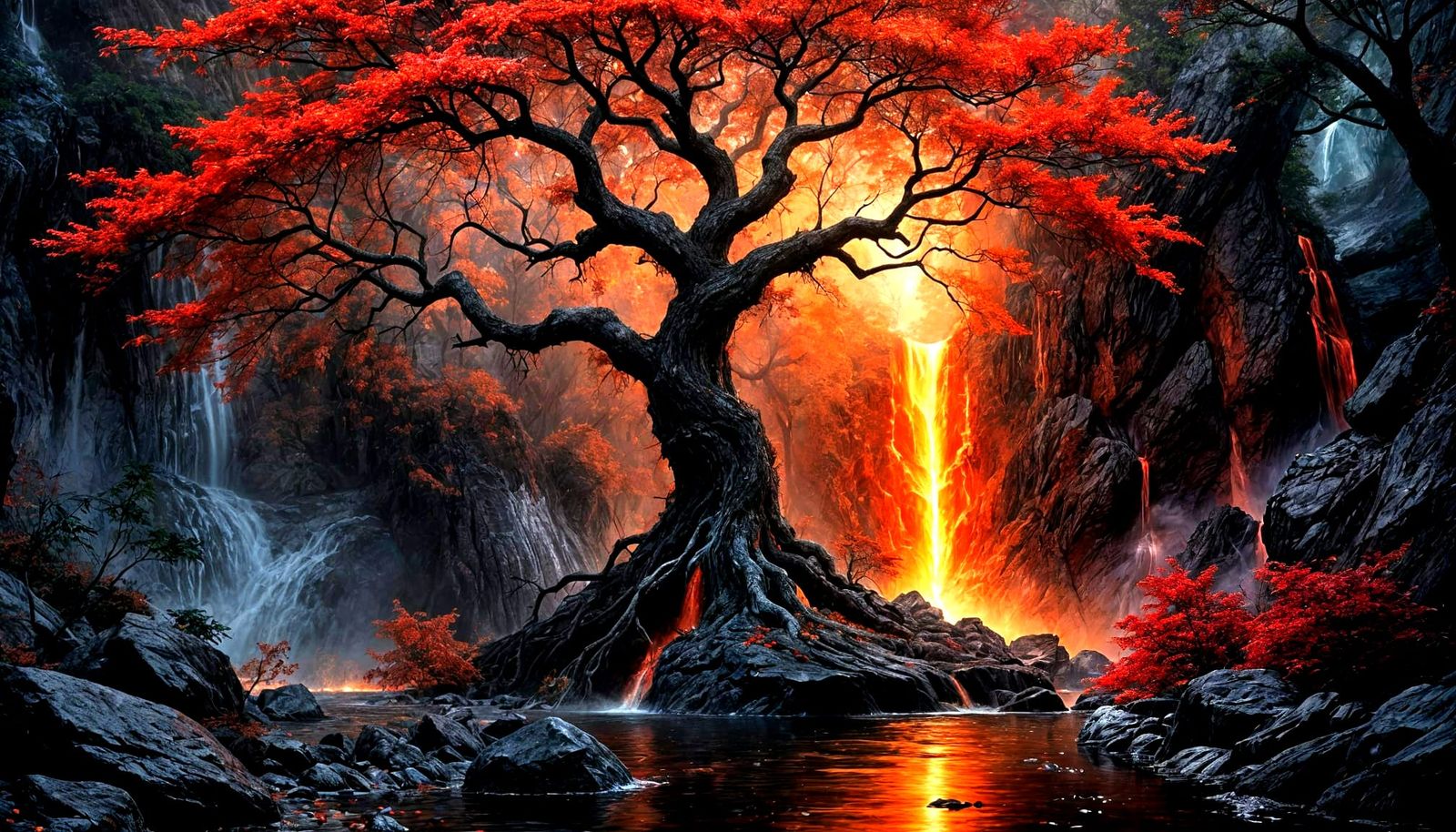 Dark Fantasy Waterfall with Burning Tree