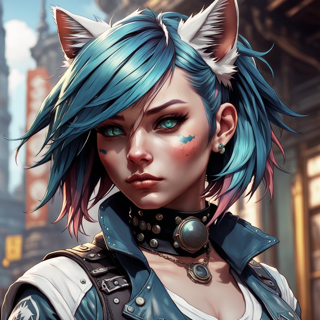 Porcelain Cat Girl in Punk Style Portrait