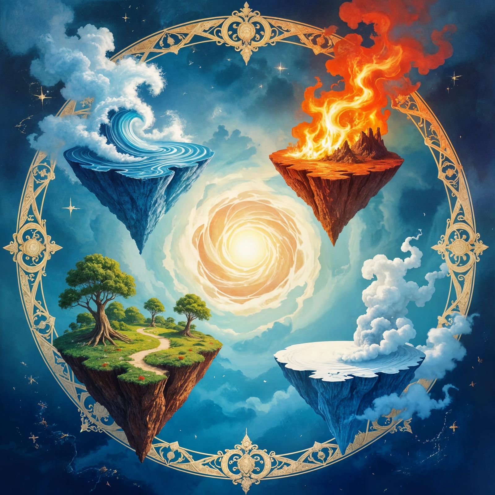 Four Elemental Islands Floating in Galaxy, Impressionist Sty...