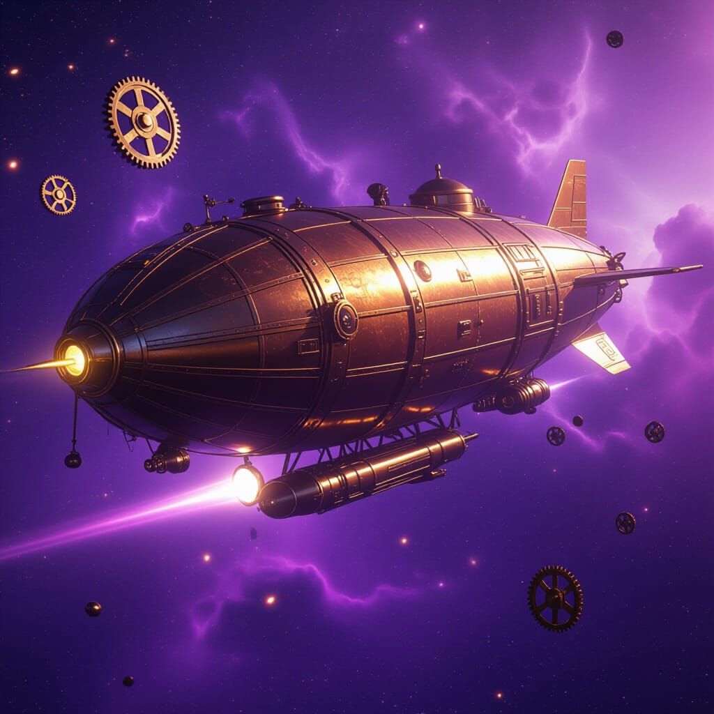 Steampunk Airship Soaring Through Purple Nebula