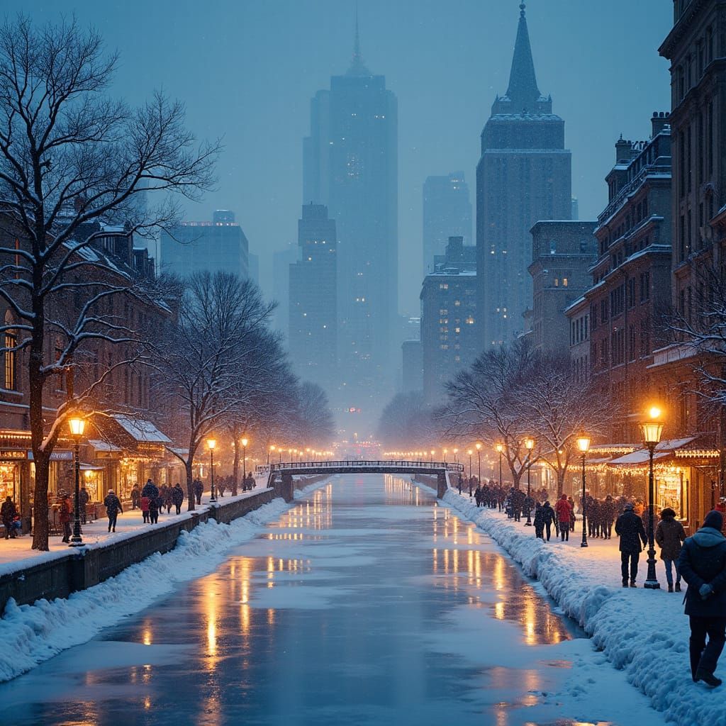A bustling metropolitan skyline blanketed in fresh snow.
