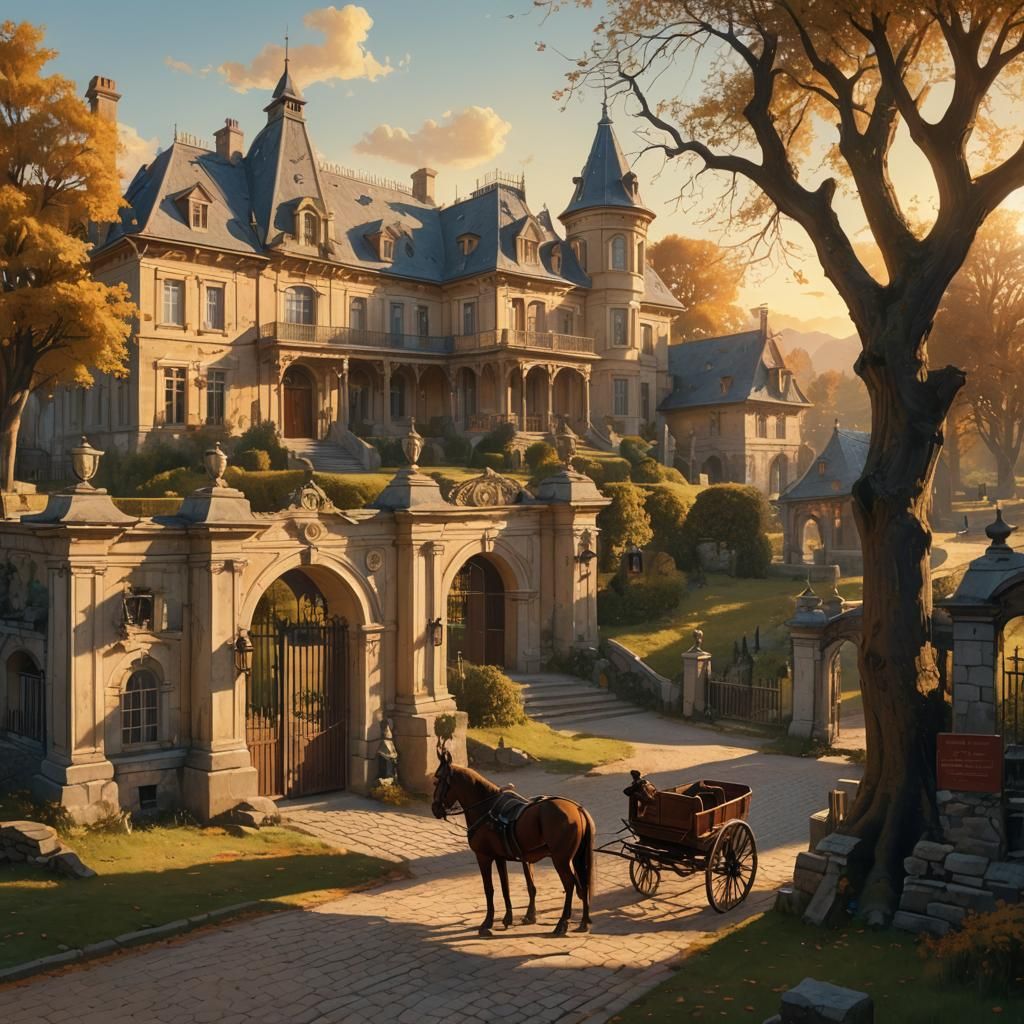 Mansion Overlooking Village: Golden Hour, Detailed Matte Pai...