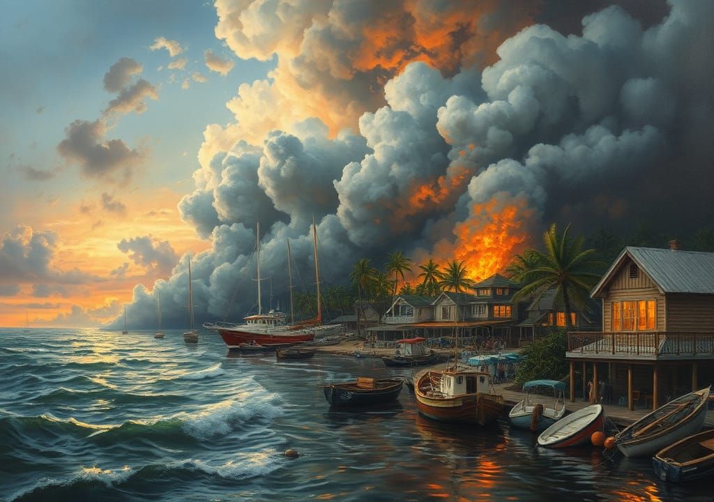 Tropical Town Faces New Storm: Oil Painting