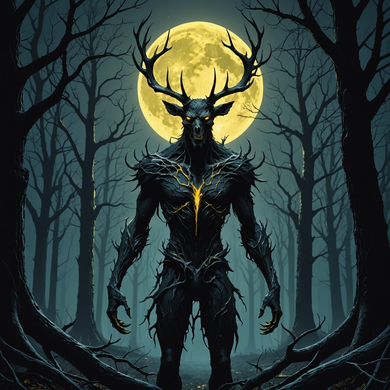 Eerie Wendigo Lurking in Dead Forest: Fantasy Art