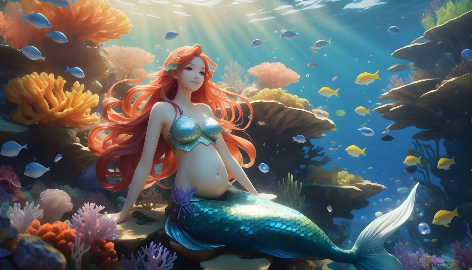 Pregnant Redhead Little Mermaid in Vibrant Coral Reef Scene