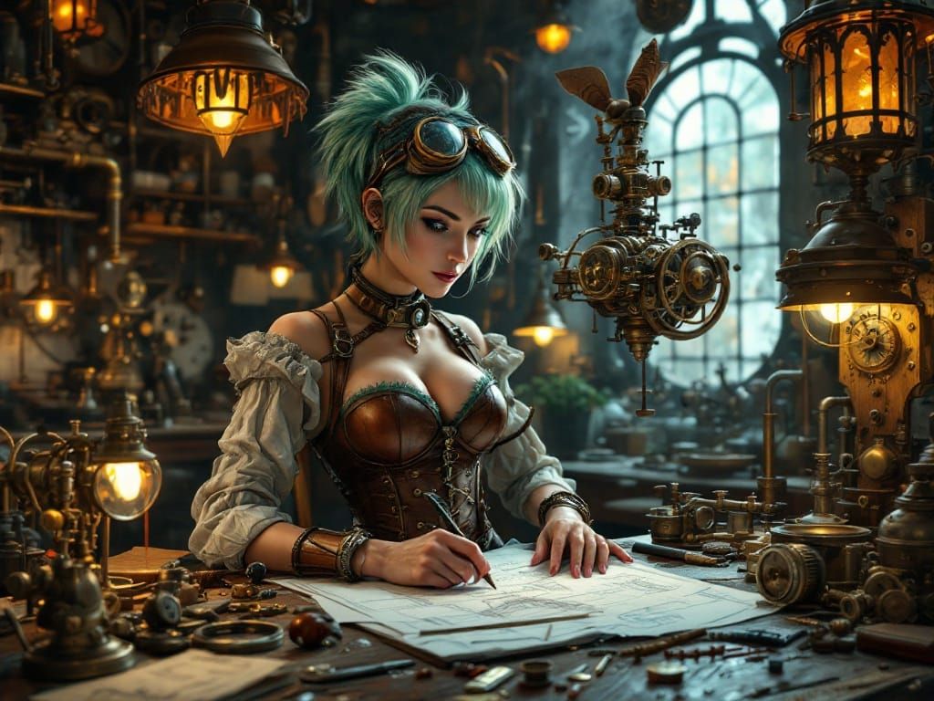 Steampunk Inventor Tinkers with Flying Machine in Whimsical ...