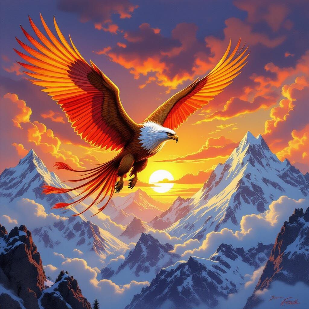 Griffin Soaring at Sunset in a Fantasy Landscape