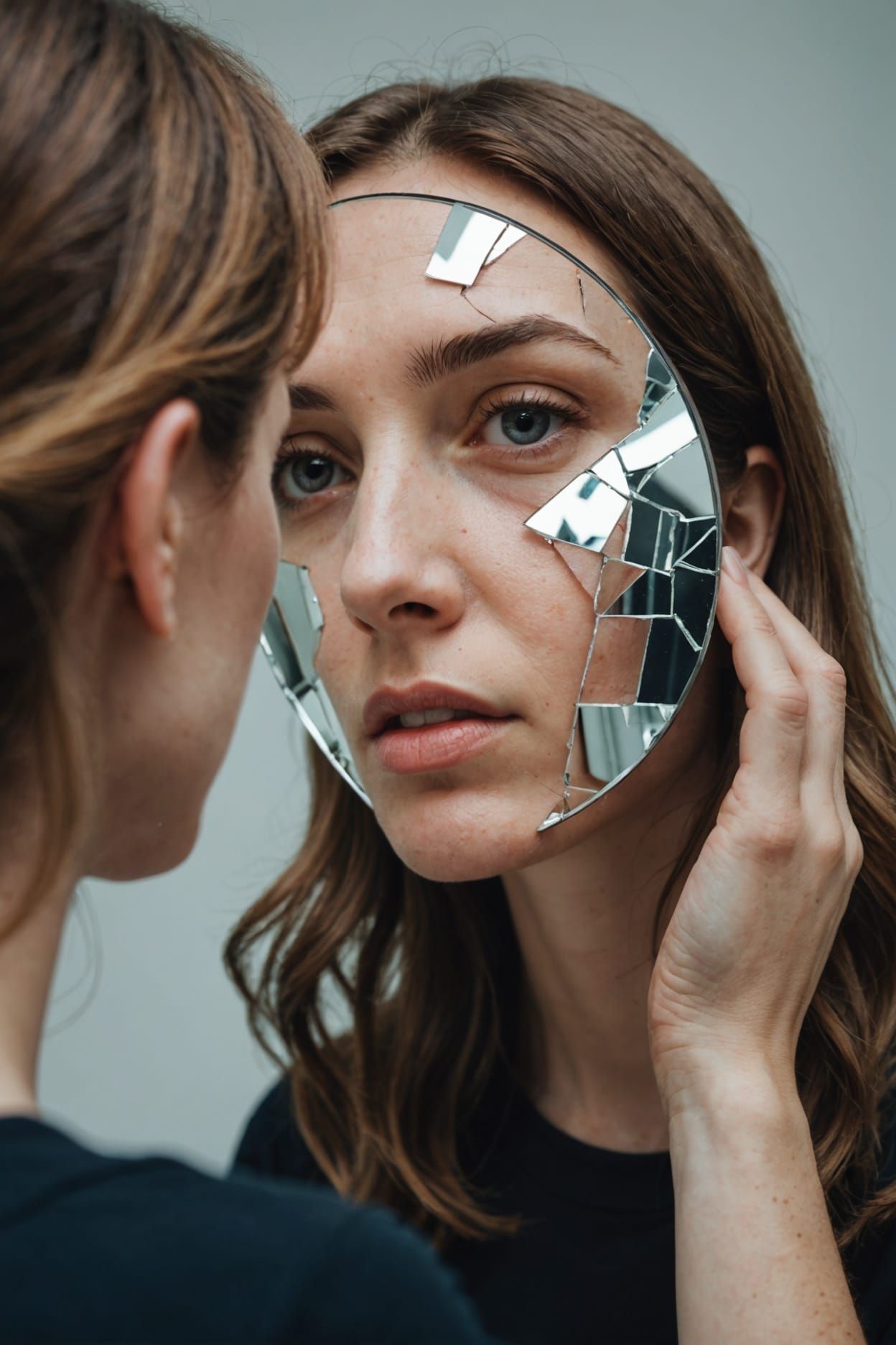 Fragmented Reflection: Woman and Broken Mirror