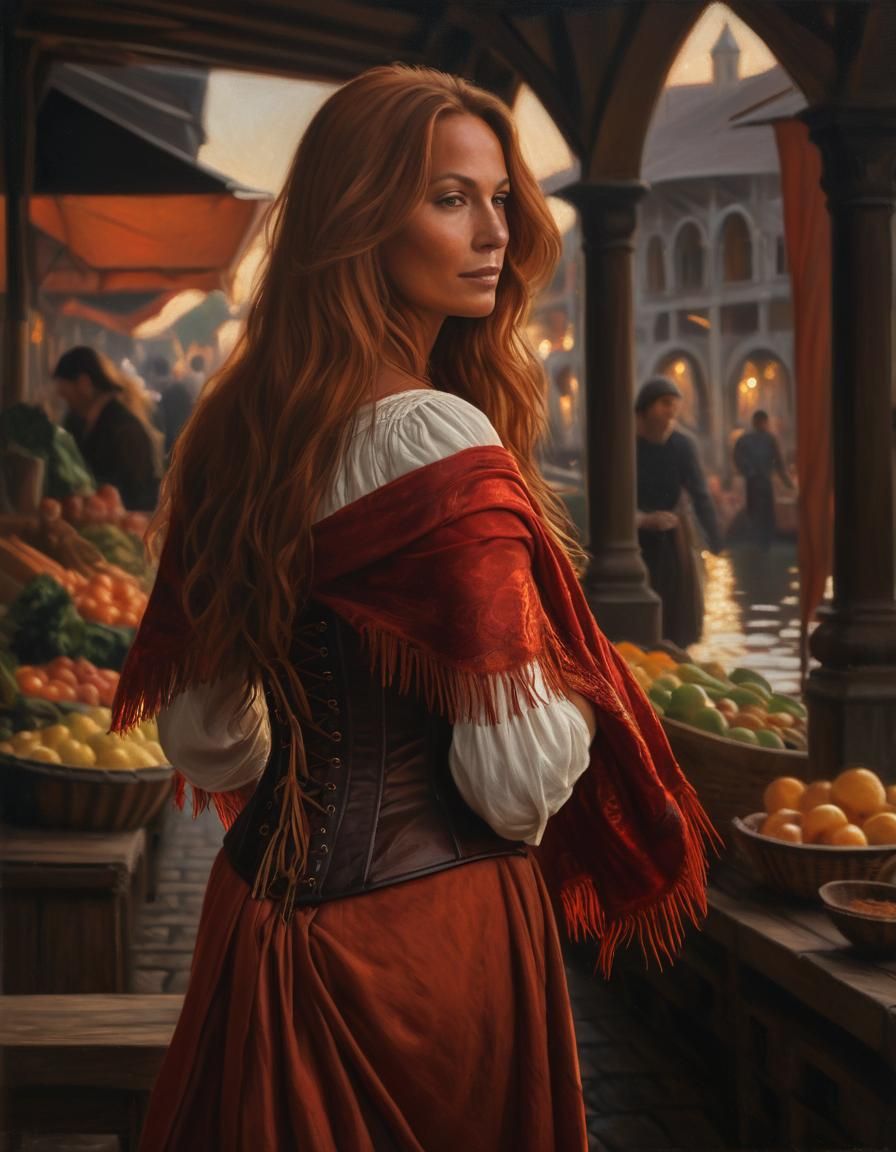 Elegant Renaissance Woman in Early Marketplace